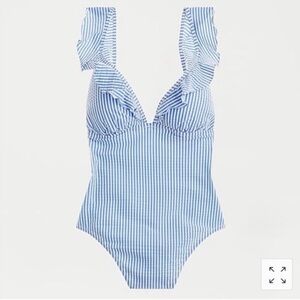 J. Crew v-neck ruffle seersucker Striped Blue and White One-Piece suit size 14